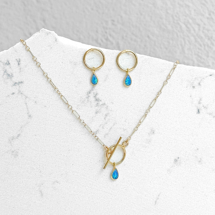 Petite Blue Opal Teardrop Earrings and Toggle Necklace